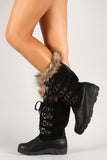 Faux Fur Round Toe Lace Up Mid Calf Boots