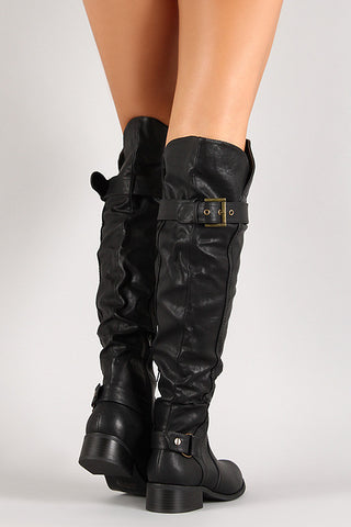 Belted Strap Screw Slouchy Knee High Riding Boot