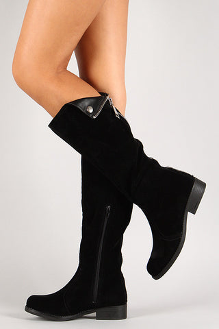 Suede Round Toe Folded Knee High Boot