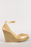 Bamboo Metallic Glitter Jelly Peep Toe Ankle Strap Wedge