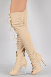 Nubuck Lace Up Peep Toe Stiletto Over the Knee Boots