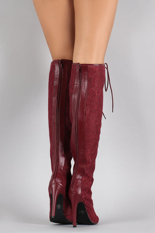 Qupid Floral Lace Stiletto Thigh High Lace Up Boot