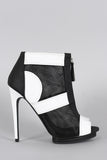 Snake Embossed Mesh Peep Toe Zip-Up Stiletto Booties