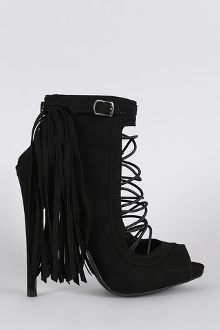 Qupid Suede Fringe Strappy Elastic Cutout Peep Toe Booties