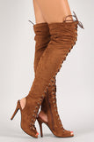 Breckelle Lace Up Back Cutout Stiletto Thigh High Boot