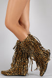 Leopard Triple Layered Fringe Round Toe Mid Calf Boot