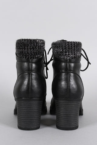 Bamboo Sweater Cuff Combat Lace Up Ankle Boots