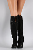 Qupid Suede Tassel Fringe Pointy Toe Stiletto Heeled Knee High Boot