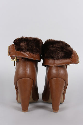 Bamboo Faux Fur Cuff Buckle Strap Heeled Ankle Boots