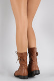 Zipper Buckle Round Toe Combat Lace Up Mid Calf Boot