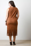 Suede High-Low Fringe Midi Dress