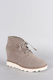 Dollhouse Suede Round Toe Lace Up Desert Wedge Booties