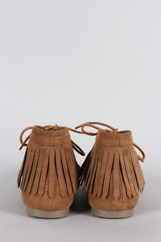 Bamboo Suede Round Toe Fringe Lace Up Moccasin Flat Booties