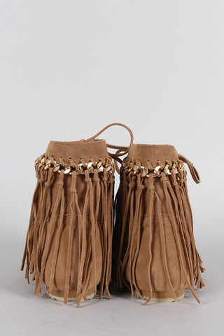 Bamboo Suede Link Chain Fringe Lace Up Moccasin Flat Booties