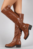 Bamboo Fold Over Cuff Contrast Zipper Studded Riding Knee High Boot