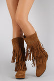 Suede Studded Layered Fringe Round Toe Knee High Boot