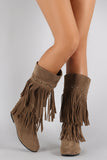 Suede Studded Layered Fringe Round Toe Knee High Boot