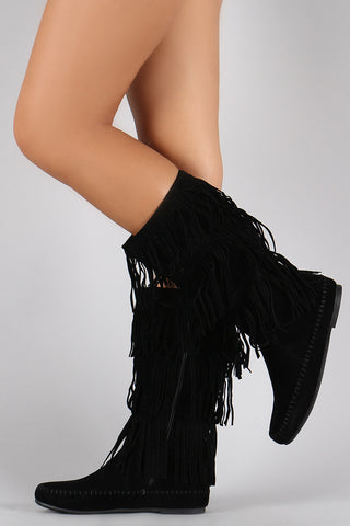 Bamboo Tiers of Fringe Moccasin Flat Boot