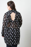 Horse Print Collar Button Up Long Cuff Sleeves High Low Top