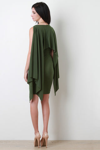 Plunging Neckline Cape Sleeve Bodycon Dress