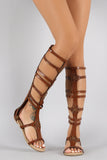 Perforated Studs Strappy Gladiator Knee High Flat Sandals