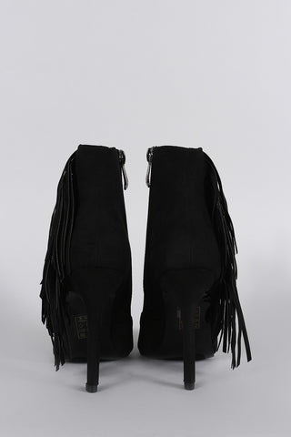 Suede Perforated Fringe Pointy Toe Stiletto Booties