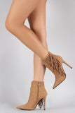 Suede Perforated Fringe Pointy Toe Stiletto Booties