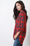 Plaid Split V-Neck Long Sleeves Top