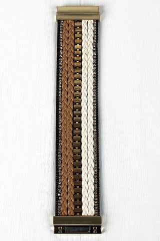 Braided Leather Rhinestone Cuff Bracelet