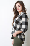 Plaid Split V-Neck Long Sleeves Top