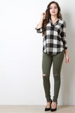 Plaid Split V-Neck Long Sleeves Top