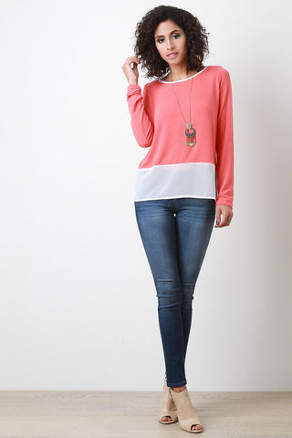 Contrast Chiffon Hem Long Sleeve Top