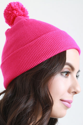 Pom Pom Thin Ribbed Beanie