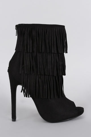 Delicious Suede Triple Layered Fringe Peep Toe Stiletto Booties