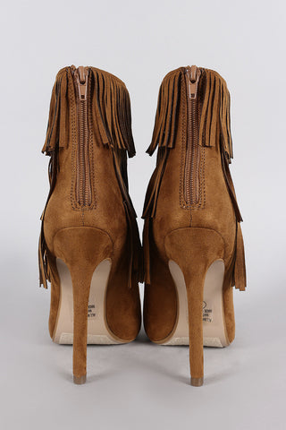 Delicious Suede Triple Layered Fringe Peep Toe Stiletto Booties