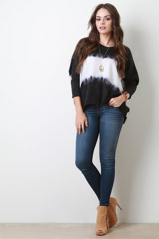 Tie Dye V-Neck Raw Hem Dolman Sleeves Top