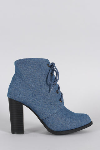 Denim Almond Toe Lace Up Heeled Combat Ankle Boots