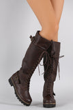 Buckled Combat Lace Up Lug Sole Knee High Boots