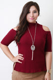 Necklace Ribbed Cold Shoulders Mock Neck Top