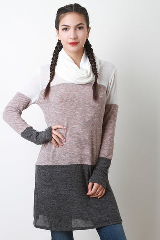 Cowl Neck Mixed Knit Sweater Dress