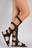 Liliana Studded Elastic Caged Gladiator Knee High Flat Sandal