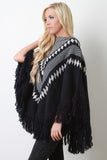 Fringe Hem Patterned Crew Neck Poncho