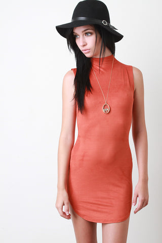 Vegan Suede Mock Neck Sleeveless Mini Dress