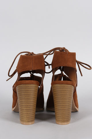 Qupid Suede Peep Toe Corset Lace Up Gladiator Chunky Heel