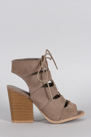 Qupid Suede Peep Toe Corset Lace Up Gladiator Chunky Heel