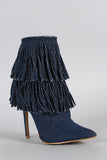 Shoe Republic LA Denim Layered Fringe Pointy Toe Stiletto Booties