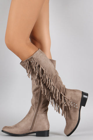 Qupid Studs and Fringe Knee High Boots