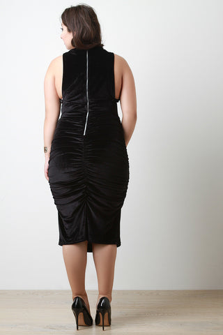 Ruched Velvet Sleeveless Midi Dress