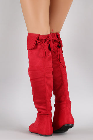 Suede Round Toe Cuff Bow Tie Over-The-Knee Flat Boots