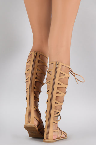 Qupid Strappy Cage Lace Up Gladiator Flat Sandal